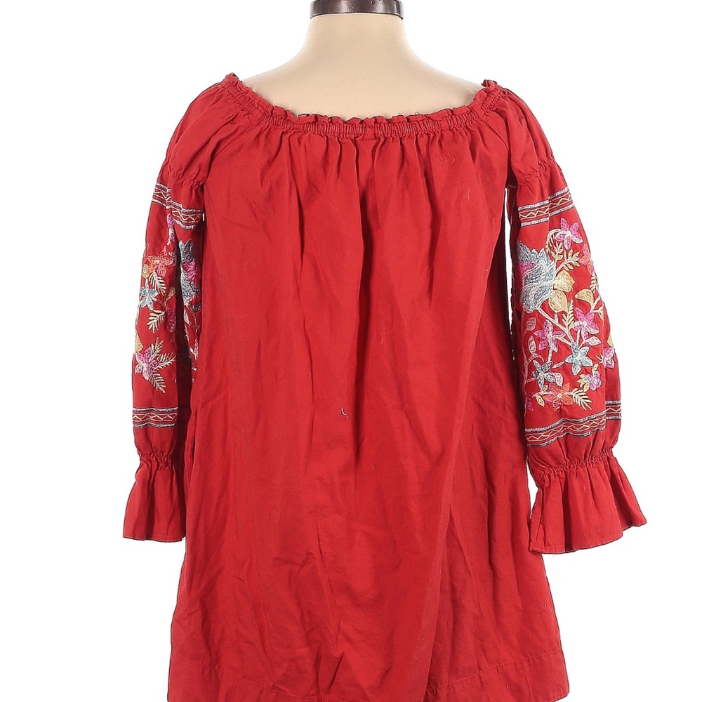 Free People Embroidered Off Shoulder Puff Sleeves Boho Peasant mini dress XS - Picture 3 of 3